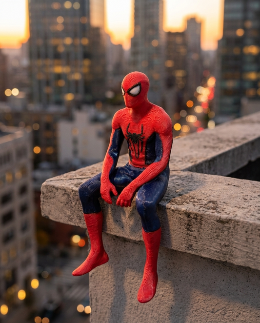 3D printed sitting Spider-Man figurine on a rooftop ledge at golden hour